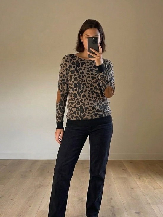 Pink Clover Tops - Pink Clover Brown Leopard Print Long Sleeve Top with Brown Elbow Patches